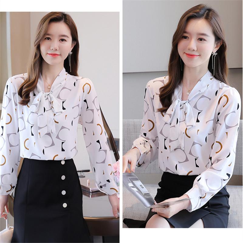 M-4XL Women Spring Summer Style Chiffon Blouses Shirts Lady Casual Long Sleeves Bow Tie Collar Printed Blouses Tops