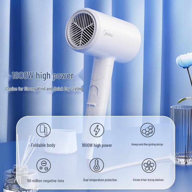 Midea FZ201 Foldable Negative Ion Hair Dryer, 1800W CN plug (adapter included)