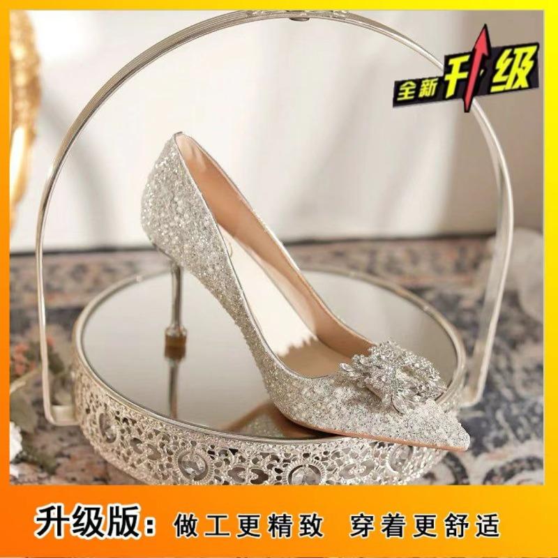 Fashion Shiny Women's Pointed Toe Wedding High Heels Spring New Pearl Decorateion Ladies Pmpus Banquet Fashionable Woman Shoes Sandalias