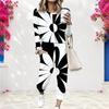 Women Plus Size Round Neck Long Sleeve Printed Black White Cuffed Top And Cuffed Pants Two Piece Set