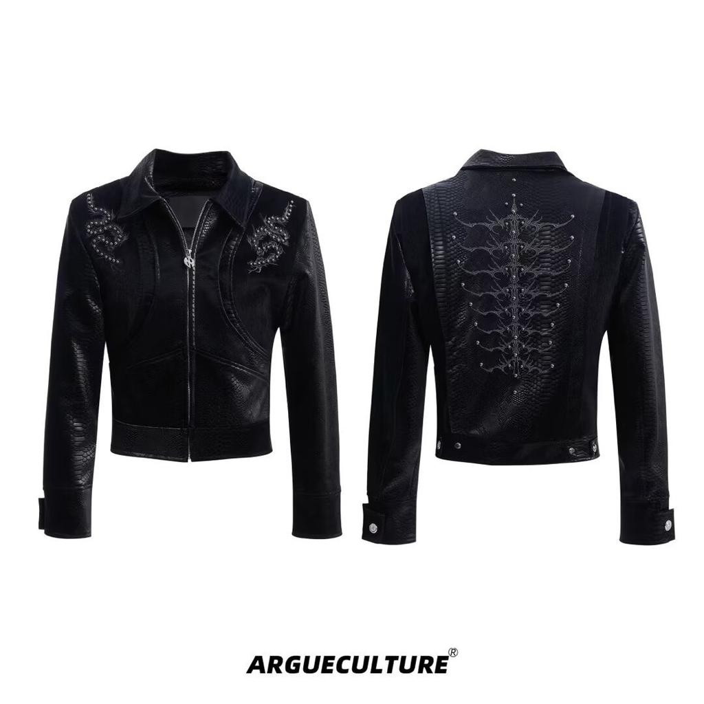 ins Harajuku temperament popular literature lazy trend simple new snake skin pattern embroidery rivet splicing leather jacket