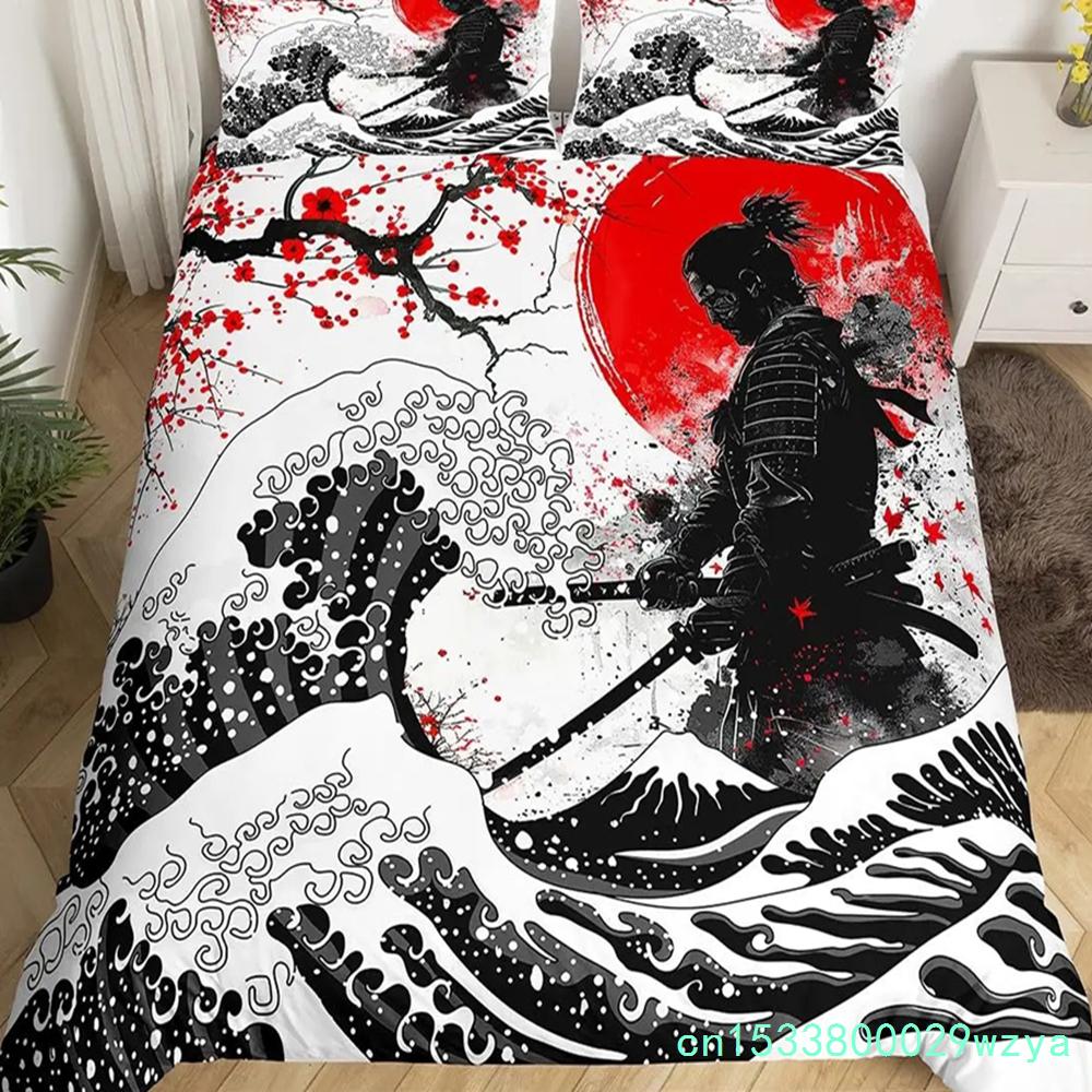 Japanese Samurai Bedding Set Full Size Cherry Blossoms Comforter Cover Red Sun Hokusai Duvet Cover Fuji Mountain Quilt Cover