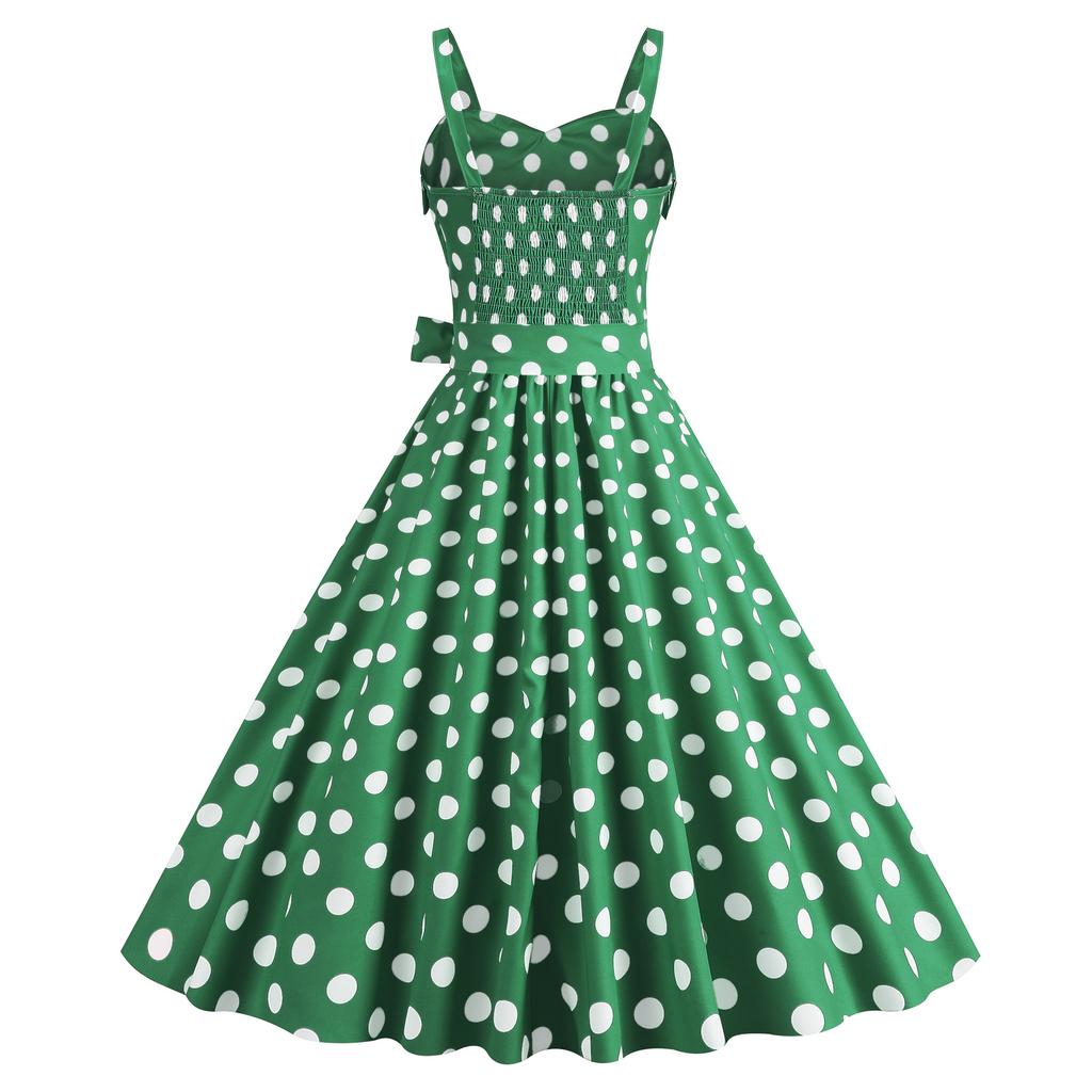 Women Vintage Dress 50s Retro A-line Big Swing Sleeveless Dot Print Contrast Color Elastic Bust High Tight Waist Backless Knee Length Evening