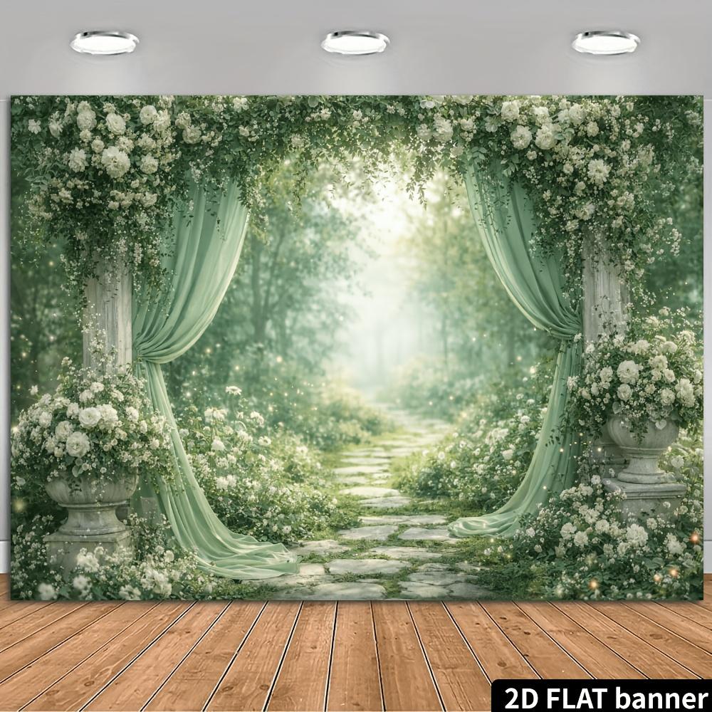 2D plane pastel white rose drapes stone path with Roman columns as background fabric wedding photo shooting polyester fiber