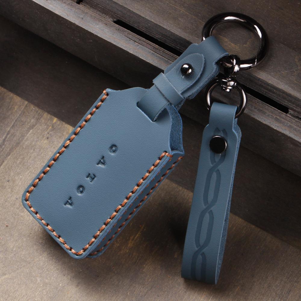 

Genuine Leather Car Key Case for Volvo EX30 Bluetooth Remote Key Bag Durable Keychain Storage Pouch синій