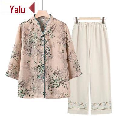 Yalu Elderly Women's Summer T-Shirt & Tang Suit Set
