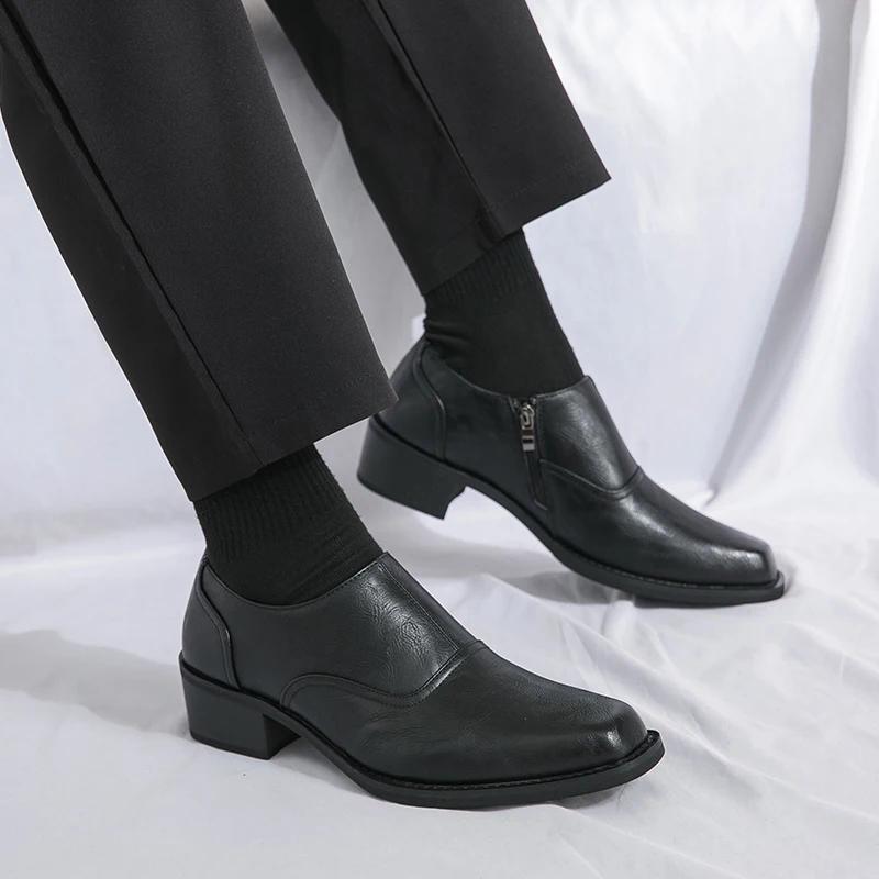 Men Platform Zip High Heel Leather Shoes Comfortable Height Increase Formal Dress Office Dance Shoes Men Wedding Groom Shoes