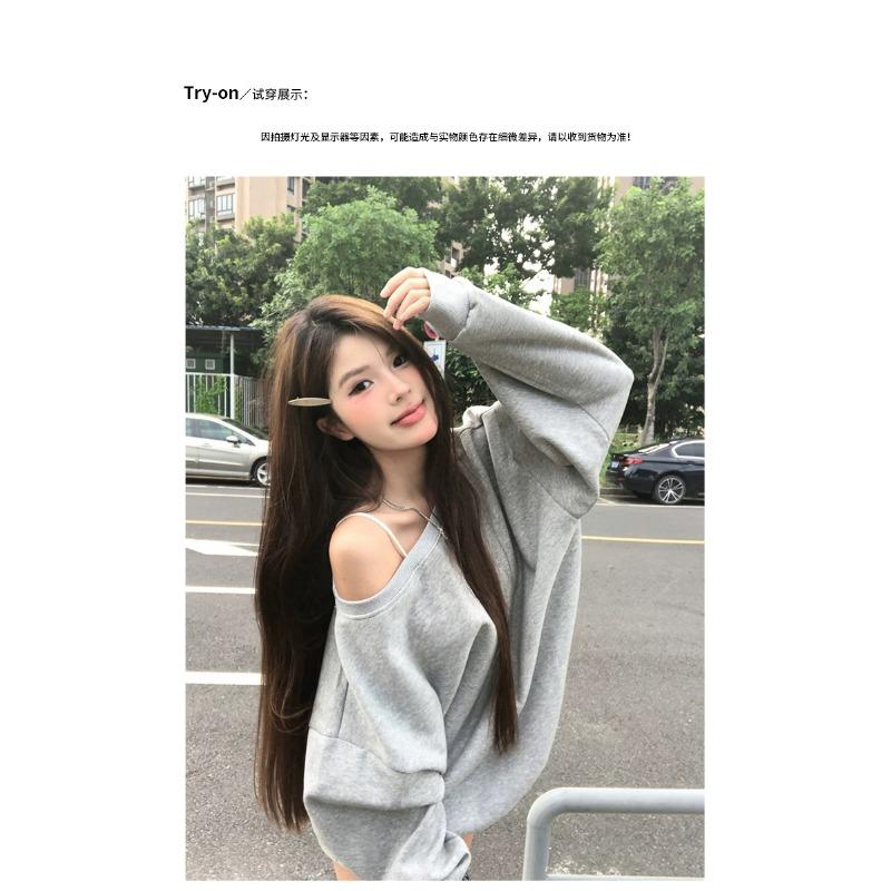 Women S Off Shoulder Loose Mid Length Hoodie Lazy Casual Top