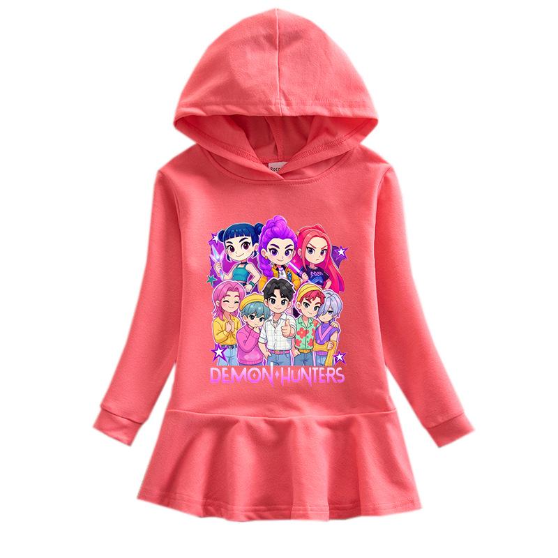 Kpop Demon Hunter Girl Group Cartoon Ruffle Rainbow Hooded Princess Dress, Long Sleeve 110 cm