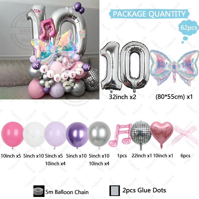 62pcs Colorful Bow Disco Balloon Silver Number Birthday Balloon Set Pink Music Note Children Adult Festive Party Decoration