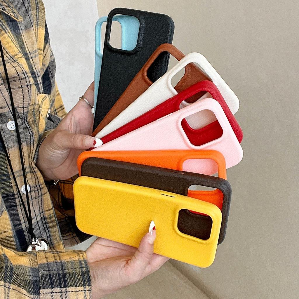 Solid Color Leather Texture Phone Case for iPhone 14/15/16 Pro Max