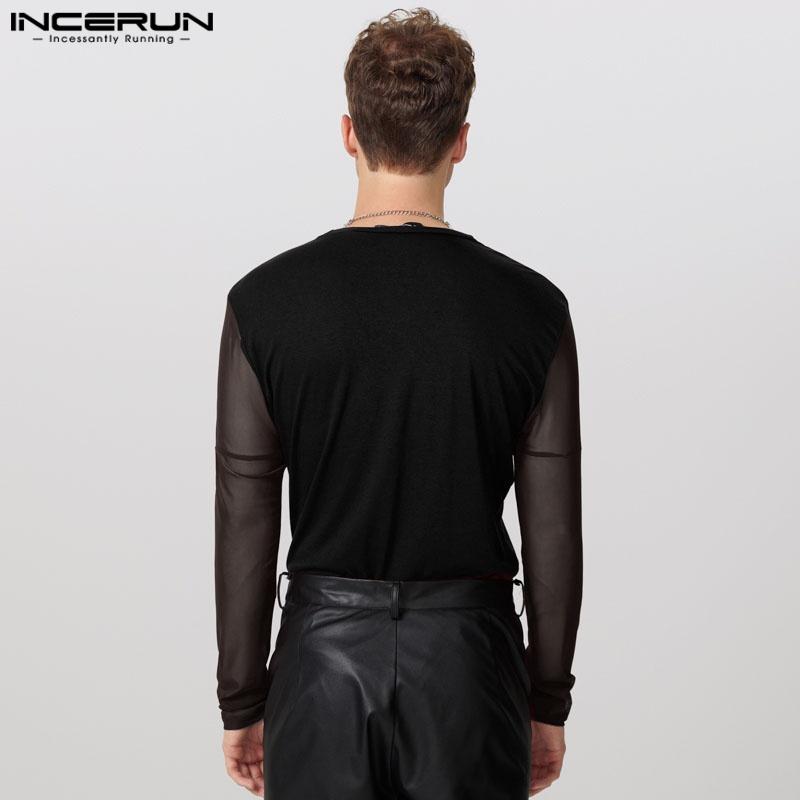 INCERUN Men Long Sleeve Patchwork Mesh Sheer See Through Tops T-shirts Undershirts