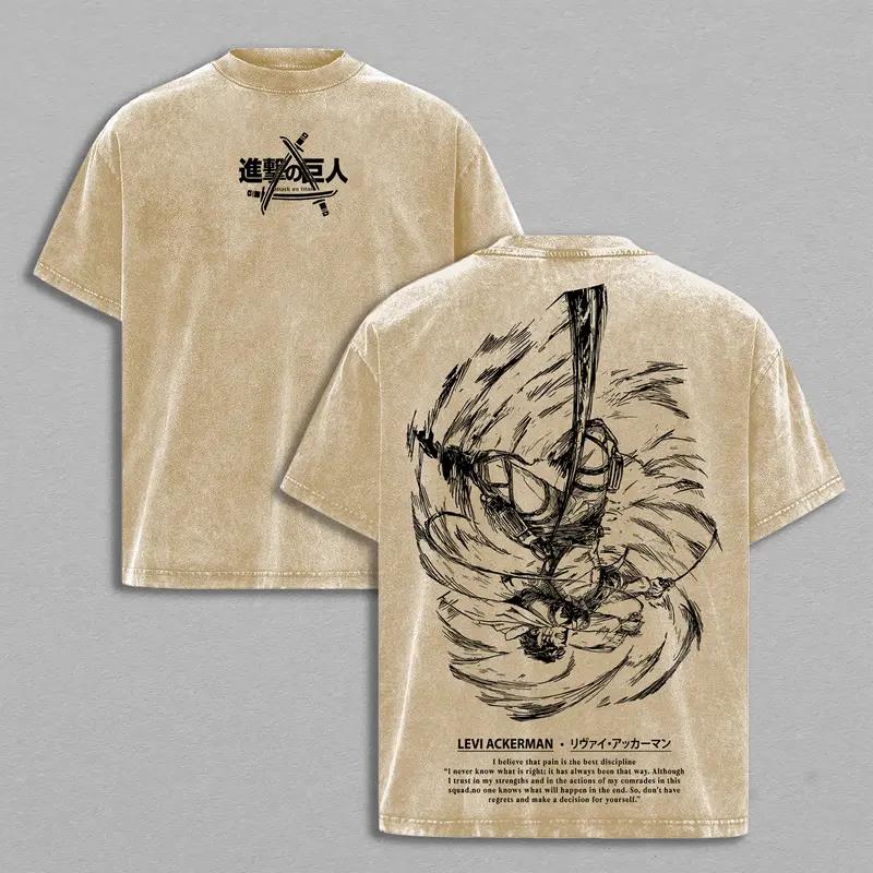 Manga Attack On Titan Levi Printed Tee Men Short Sleeve Clothing Washed Cotton T-shirt Vintage Casual T Shirt Harajuku Tshirt