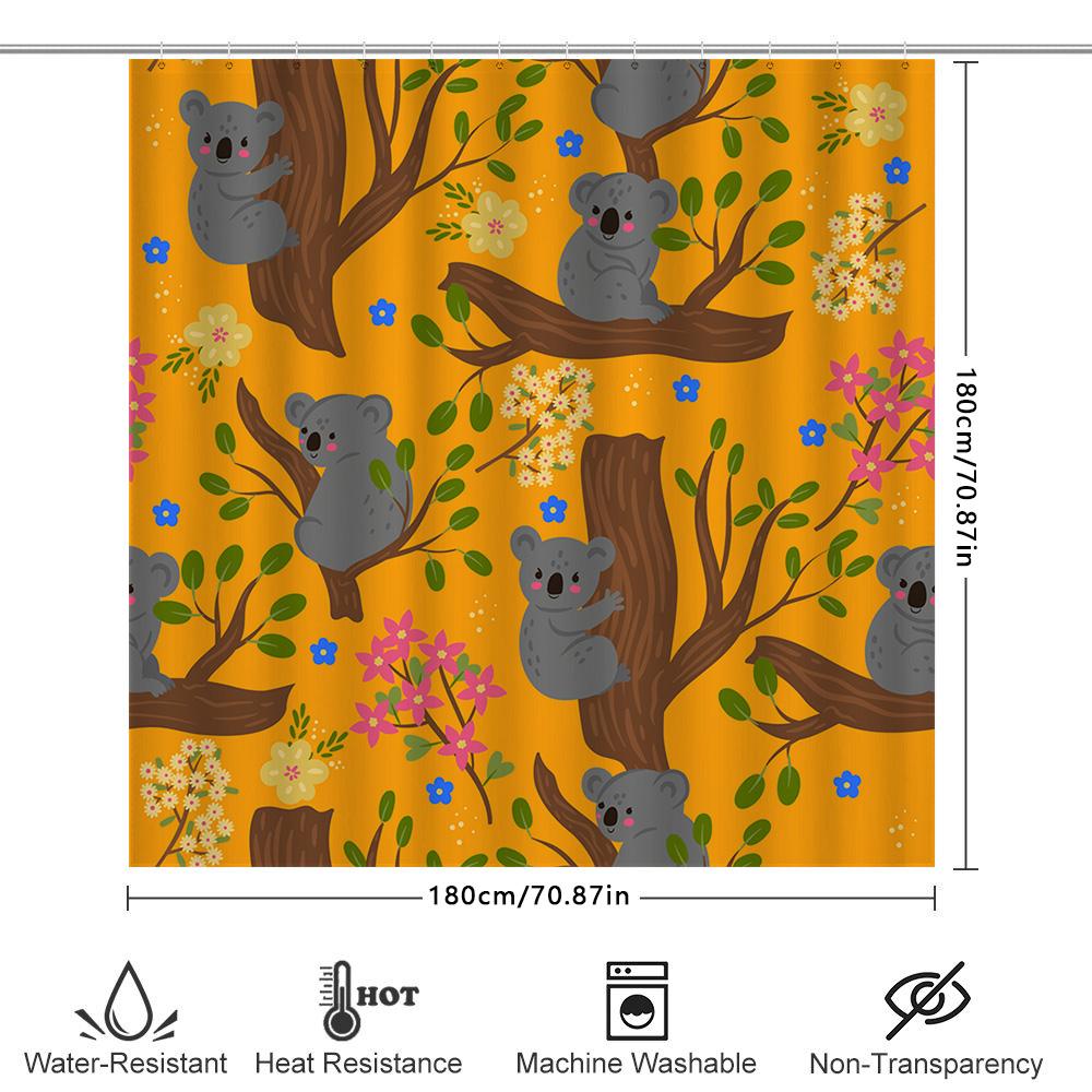 Koala Tree Branch Shower Curtain Fabric Waterproof Bathroom Decoration For Kids Room In Yellow Color With Flowers Design 128-Cha