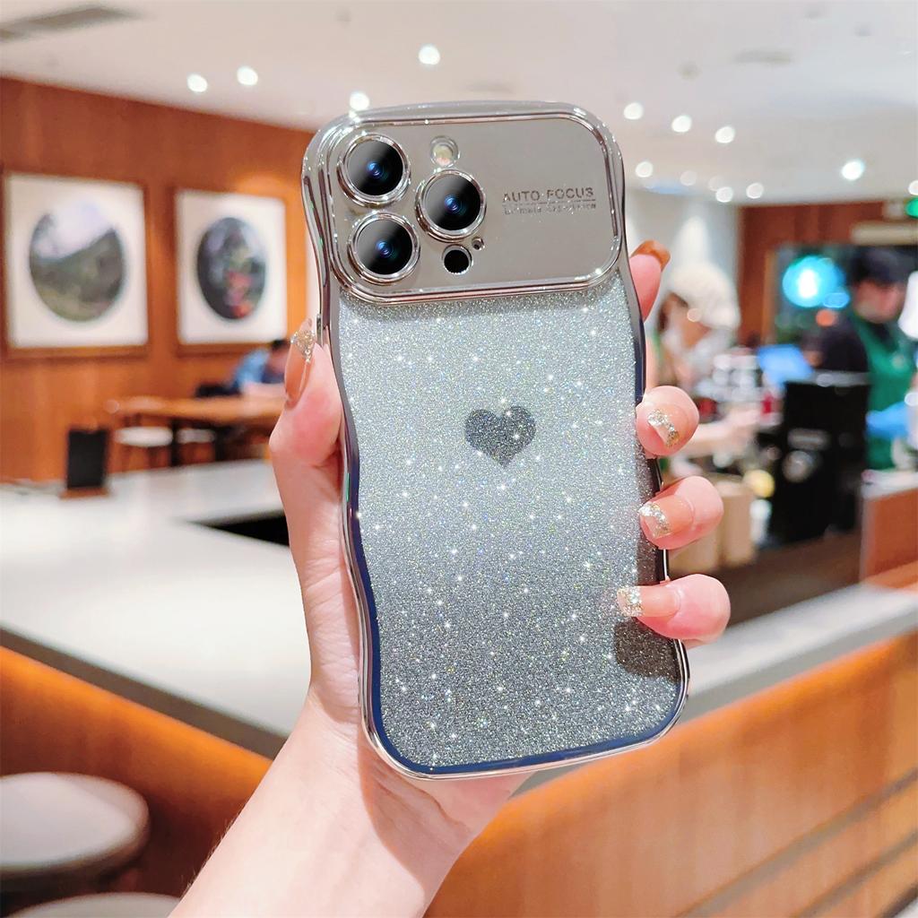 For iPhone 16 Pro Max Case Love Heart Gradient Glitter TPU Phone Cover Electroplating Curly Frame