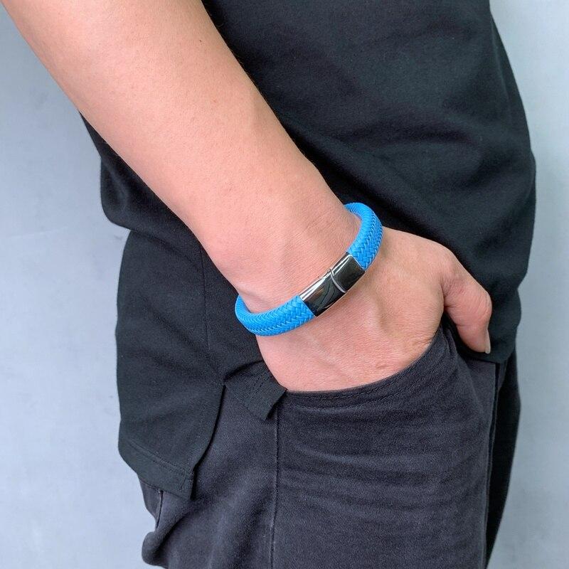New Punk Leather Men Blue Braid Rope Chain Stainless Steel Magnetic Clasp Bangles Fashion Wristband Gift BB0003