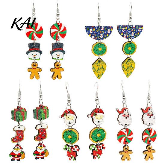 Women Seasonal Accessories 1 Pair Christmas Wooden Dangle Drop Earrings for Women, Cute Santa Fashion Jewelry Gingerbread Candy Cane Earrings, Vintage