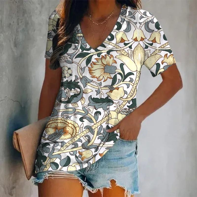 Women's V-Neck Printed Pattern Short-Sleeve T-Shirt Oversized Women's Top Y2K Style Breathable and Refreshing Short-Sleeve