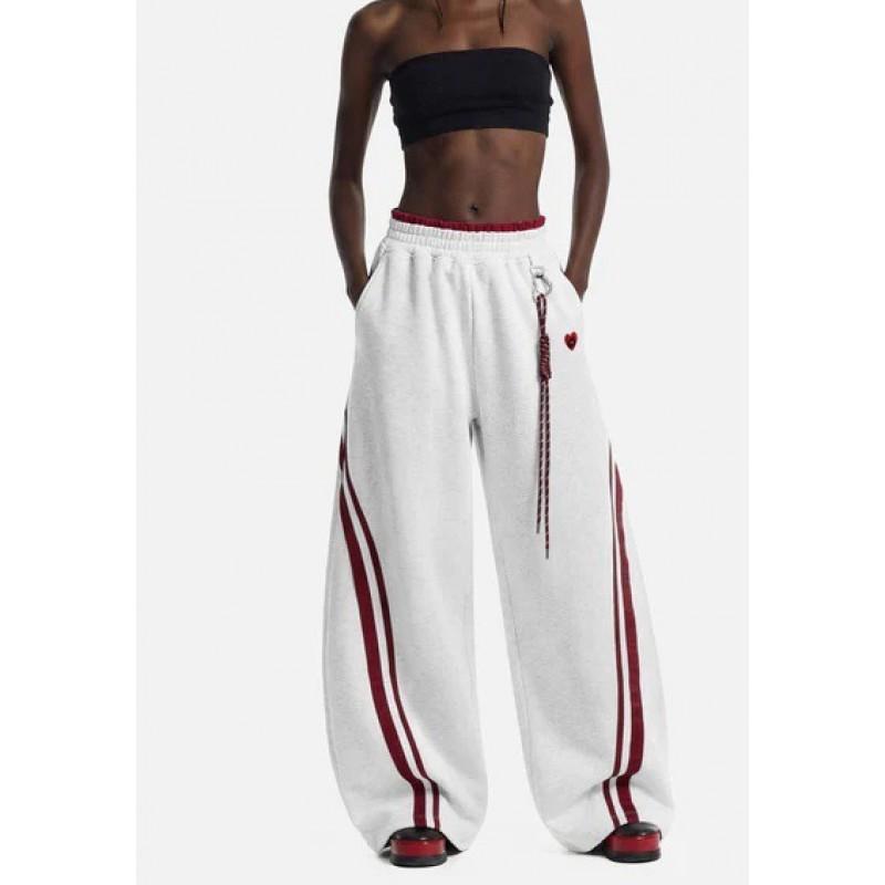 Unisex Streetwear Wide-Leg Cropped Sweatpants With Stripe Patchwork Heart Embroidery Loose Fit Casual Pants Dance Daily