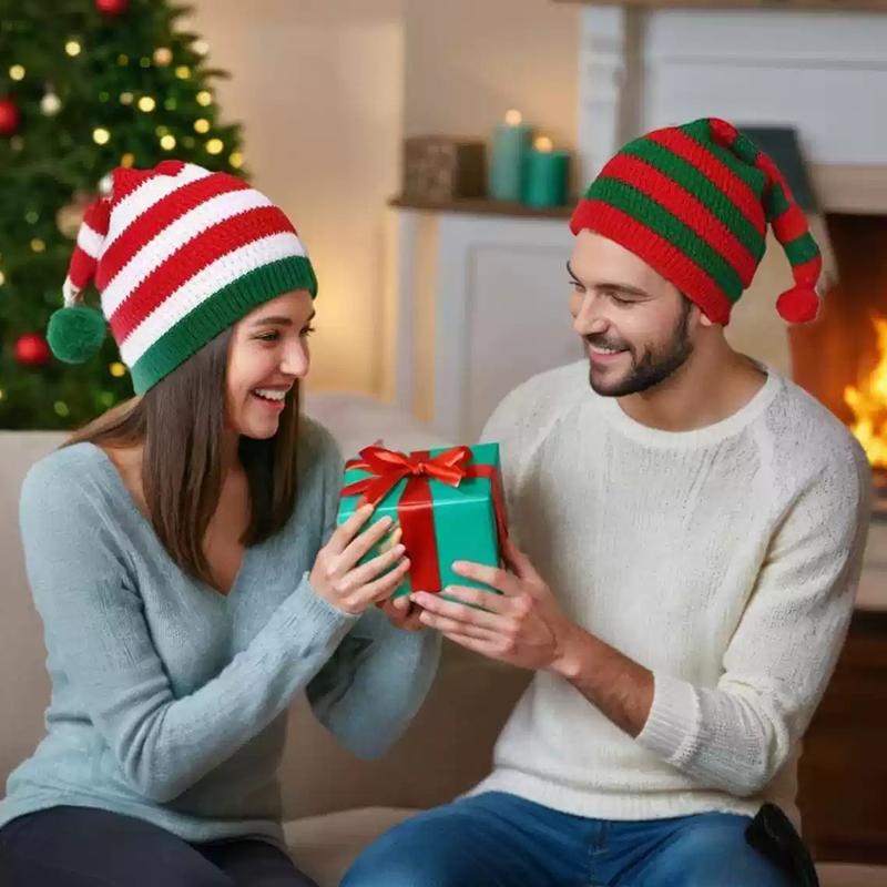Christmas Hat Knitted Hat With Red And Green Stripes And Fur Ball Long Tail Hat Christmas Hat Old Man Hat