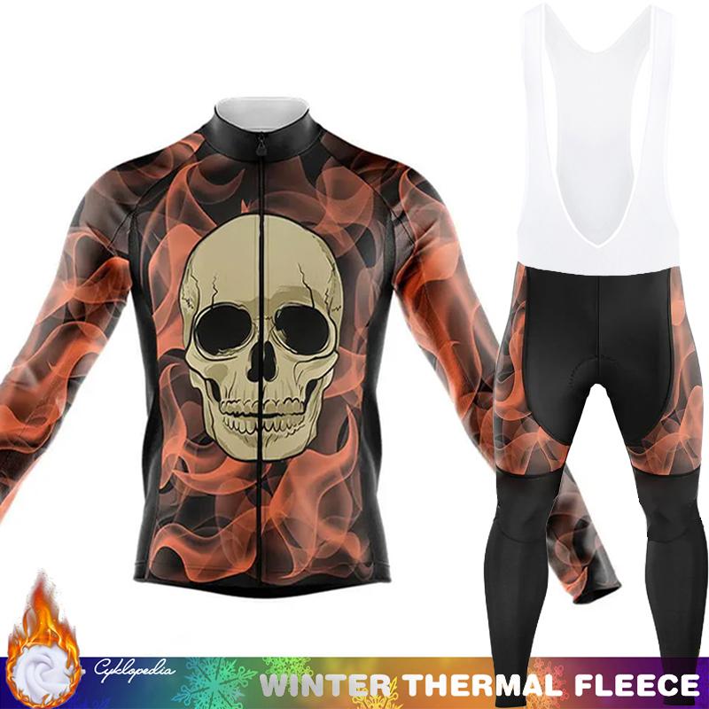 Men's Cycling Pants Fleece Jersey Skull Sets Long Sleeve Thermal Shirt Mens Clothes Clothing Winter Man Outfit Suit Termal Retro