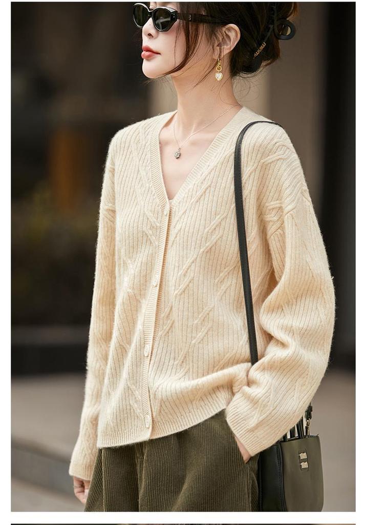 2026 A/W Women's Diamond Pattern Loose Knit Cardigan Sweater
