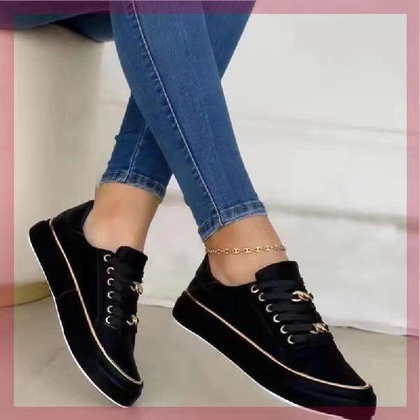 Women Shoes Chain Sports Style Low-top Single Shoes Women's Leather Front Lace-up Casual Single Shoes