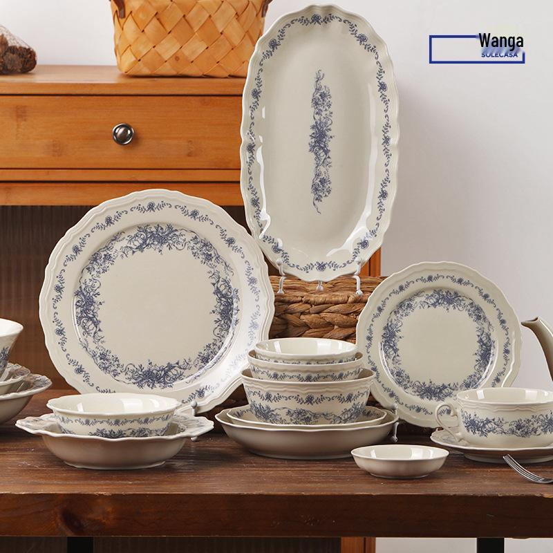 Shunxiang Blue Fog Flower Ceramic Tableware Set: Retro High-End Rice Bowl Plate for Luxurious Dining.
