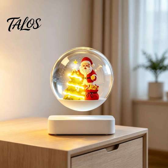 Lighted Christmas Display Centerpiece Magnetic Levitating Santa Claus Tree Ornament with LED Light, Rotating Floating Sleigh for Holiday Parties Glass