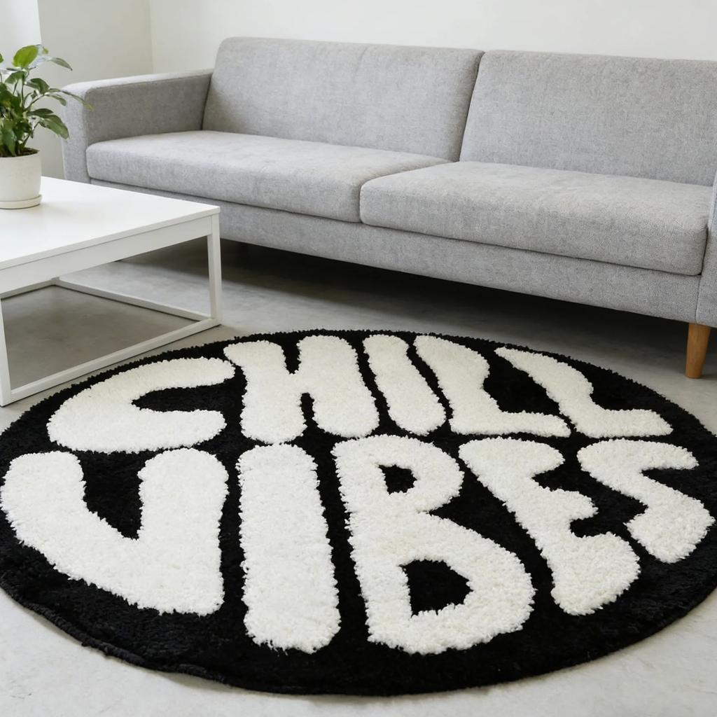 Soft Fluffy round Tufted Rug with Letters Aesthetic Bedside Carpet Anti-Slip Floor Mat for Bedroom Sofa Living Room Home Decor