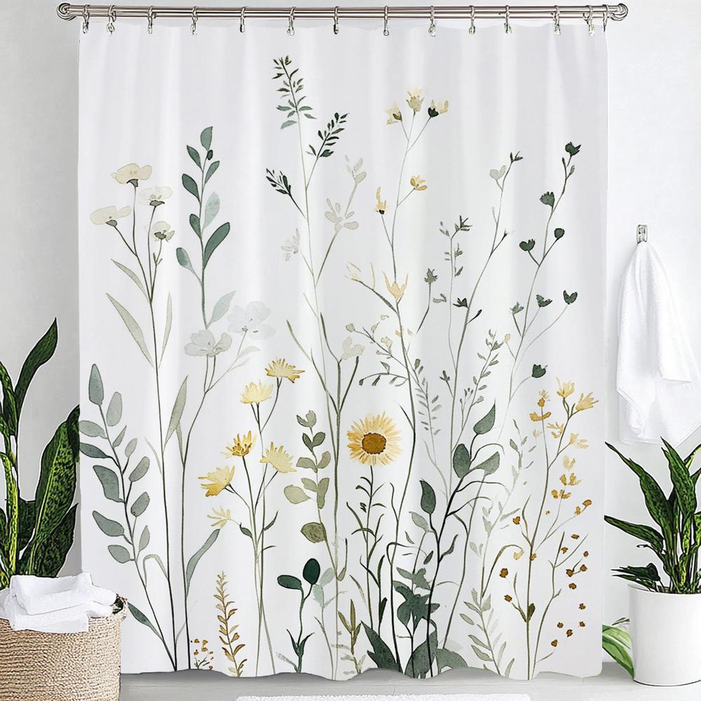 Watercolor Botanical Floral Leaf Shower Curtain, Floral Bathroom Decorative Shower Curtain, Print Fabric Home Curtain with Hooks
