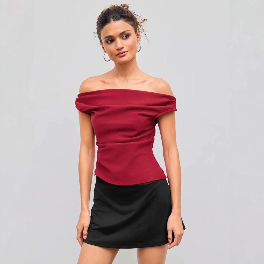 Top Corto Fruncido Hombros Descubiertos Y2K Mujer Liso Ajustado Tipo Tubo Camiseta Sexy Chica Picante Hombros Descubiertos Blusa Elegante para Citas Ropa de Calle Verano