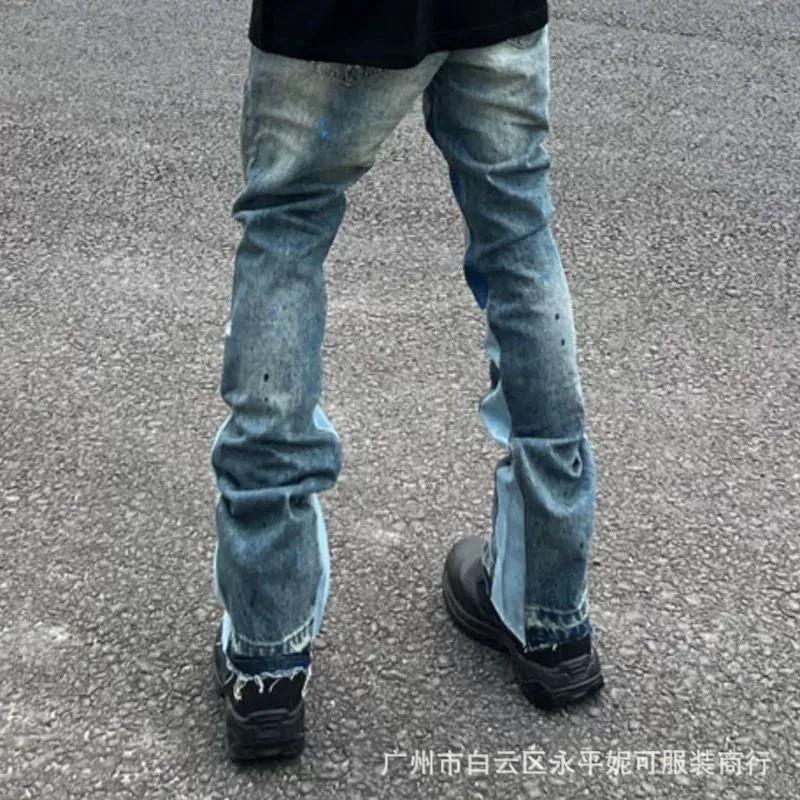 Mens Distressed Washed Flared Jeans With Ink Splatter Print High Street Style Casual Denim Pants