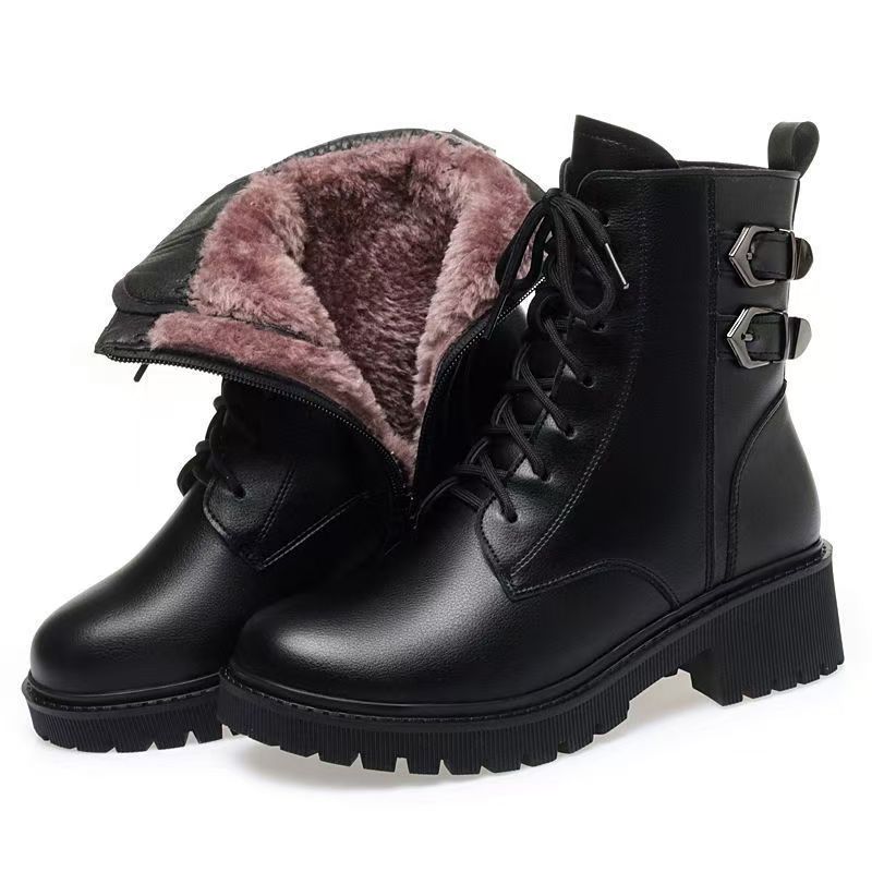 Women Winter Block Heel Real Leather Ankle Cotton Boots Thick Sole Non Slip Round Toe Waterproof Plush Warm Zippers Snow Boots