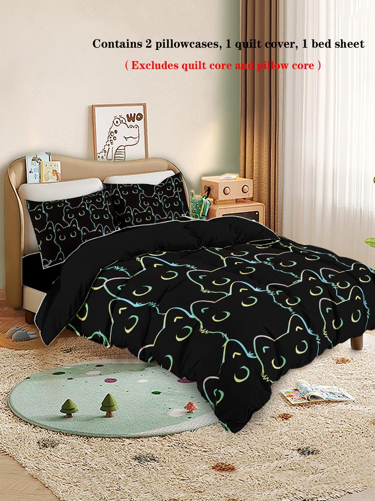 3 st Påslakanset King Size, Tecknat Svart Kattmönster Tryck, Mjukt, Bekvämt och Andningsbart, Sängkläder för Sovrum, Hotell