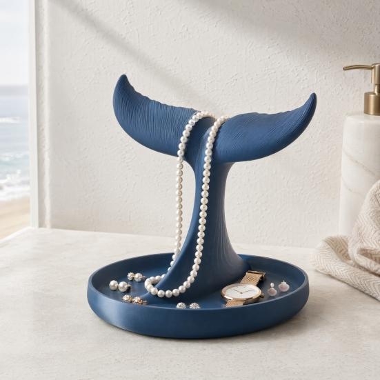 3D Printed Whale Tail Jewelry Organizer, Earring Necklace Display Stand with Ring Tray, Creative Desktop Decor, Elegant Vanity Dresser Accessories