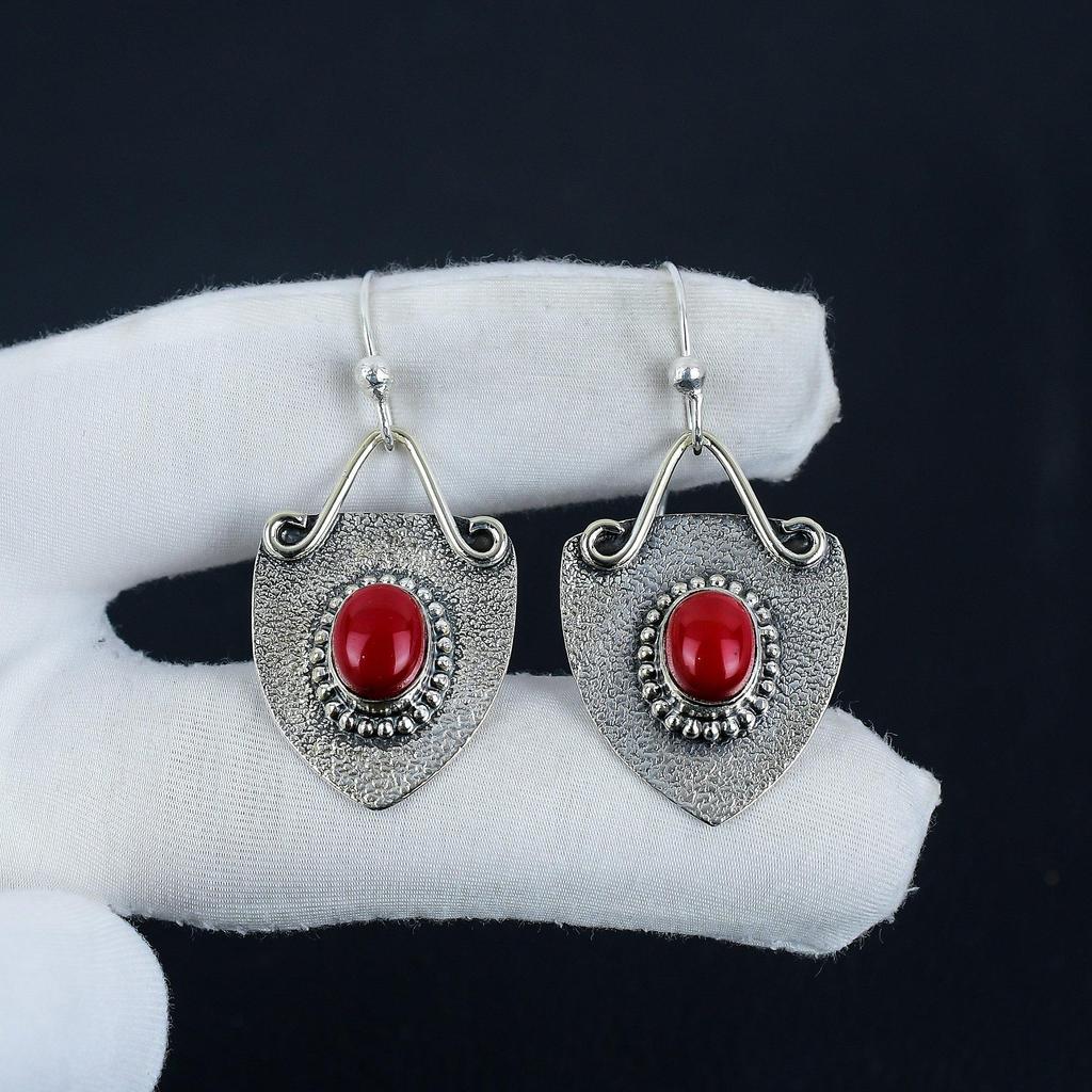 Náušnice s přírodním červeným korálem, náušnice ze sterlingového stříbra 925, ručně vyráběné boho stříbrné visací náušnice, zásnubní dárek