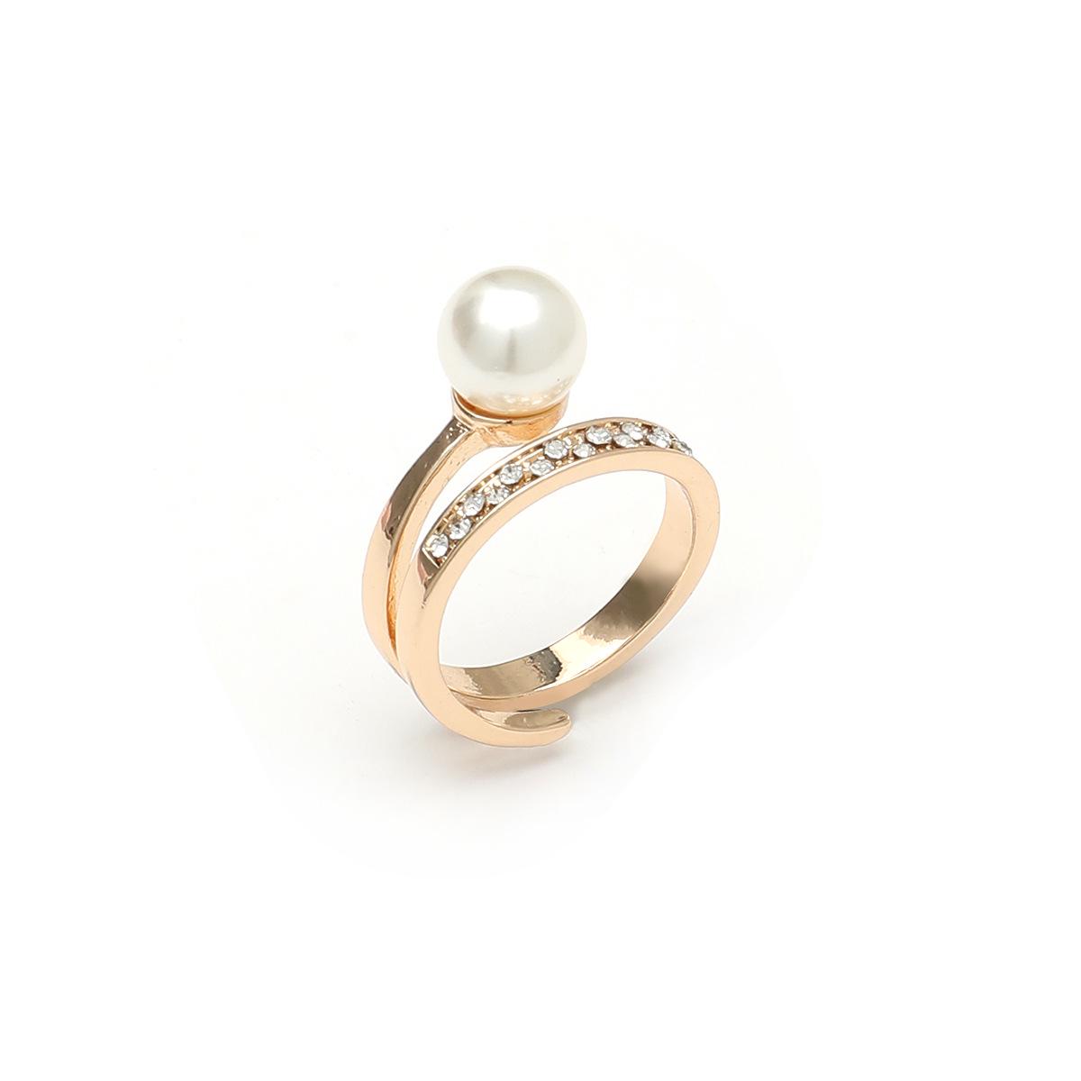 Elegant Natural Pearl  Diamond Inlaid Open Adjustable Ring for Women Open Adjustable