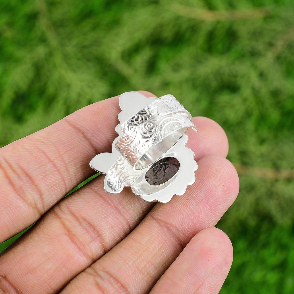 925 Sterling Silver Black Rutilated Quartz Gemstone Statement Anniversary Ring
