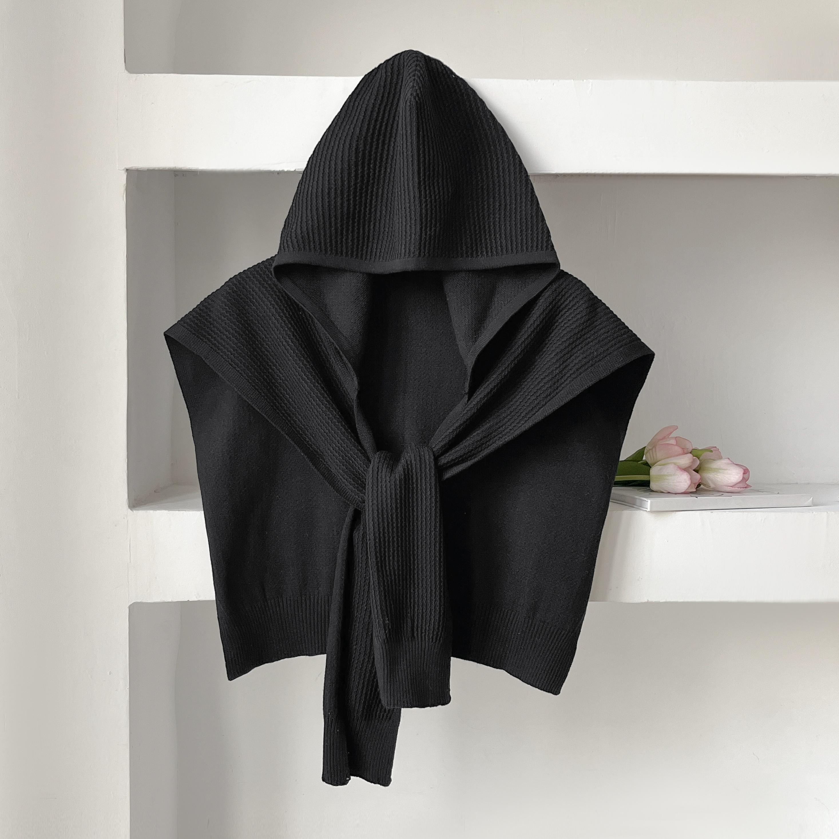 Dernier Châle Tricoté Uni Été Climatisation Chapeau à Capuche en Tricot Cape Nœud Fine Écharpe d'Épaule Pour Femmes gray