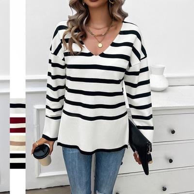 Roupa Feminina Primavera e Verão Estilo Casual de Férias Suéter Listrado de Cor Contrastante de Manga Comprida
