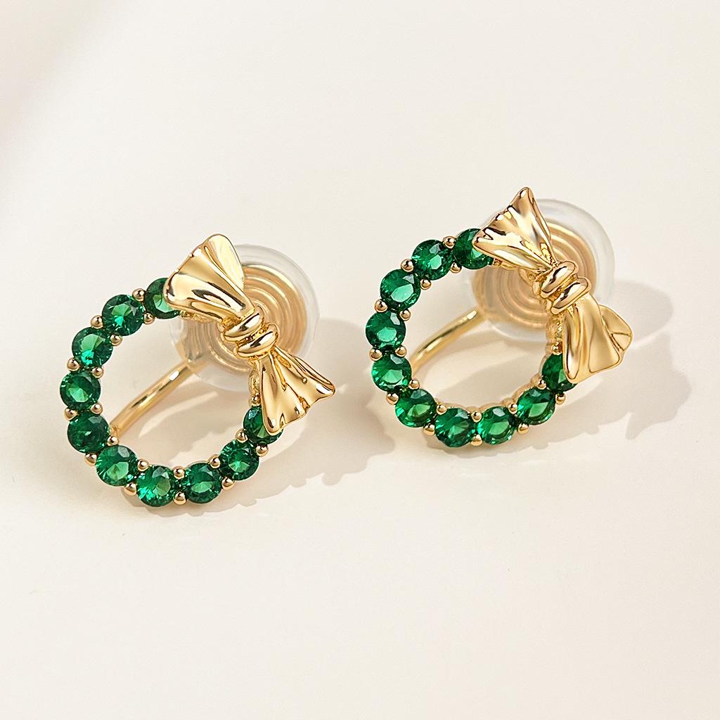 

18K Gold Plated Green Zircon Bow Wreath Stud Earrings for Women