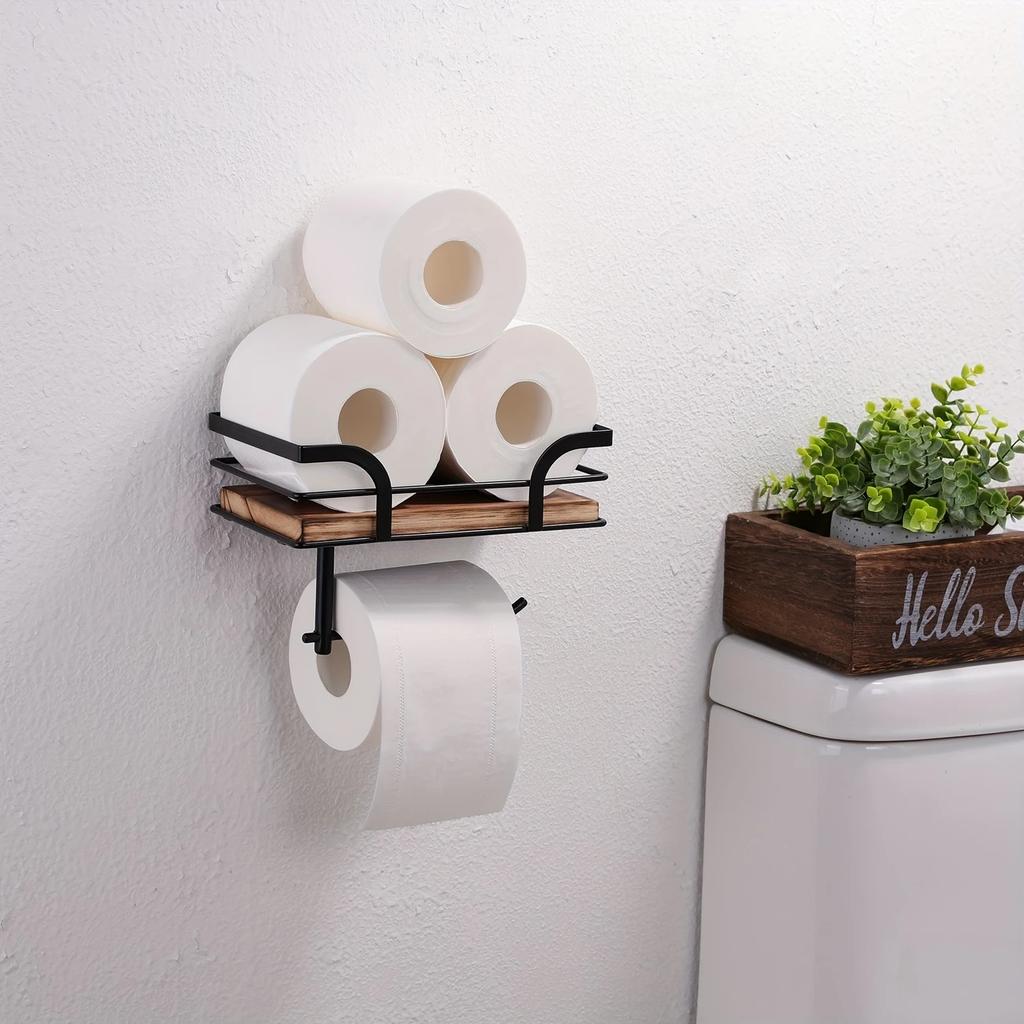 Wall mounted forged iron tissue holder with recycled wooden storage rack - space saving bathroom organizer