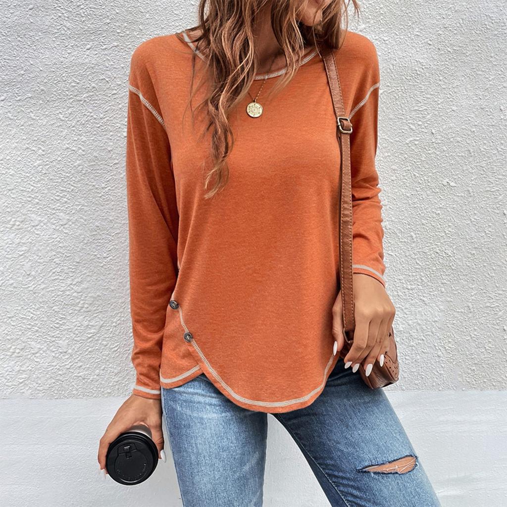T-shirt Femme Couleur Lâche Boutonnage Bord Irrégulier Manches Longues
