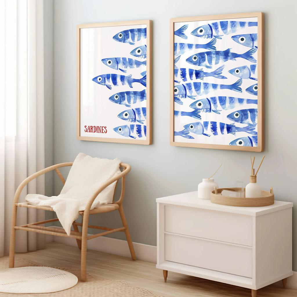 Retro Blue Sardine Canvas Poster Mediterranean Style Sardine Animal Wall Art Prints Ideal Gift for Modern Living Room Home Decor