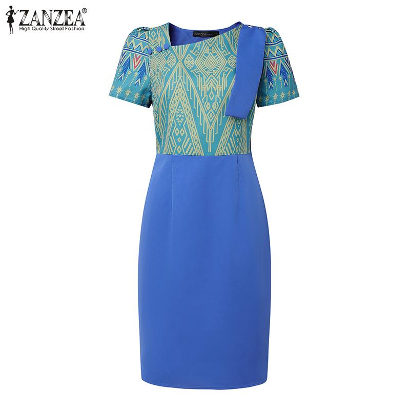 ZANZEA Women Print Patchwork Summer Casual Short Sleeve Sheath Dress