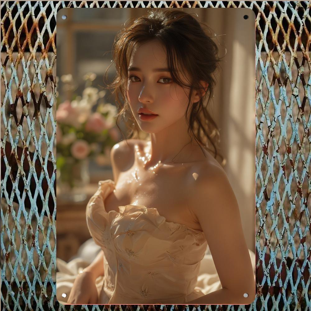 

Vintage East Asian Beauty in Strapless Ruffled Champagne Dress with Dewy Skin at Sunlit Window Metal Tin Sign Romantic Elegant 20x30cm（7.8x11.8inch）
