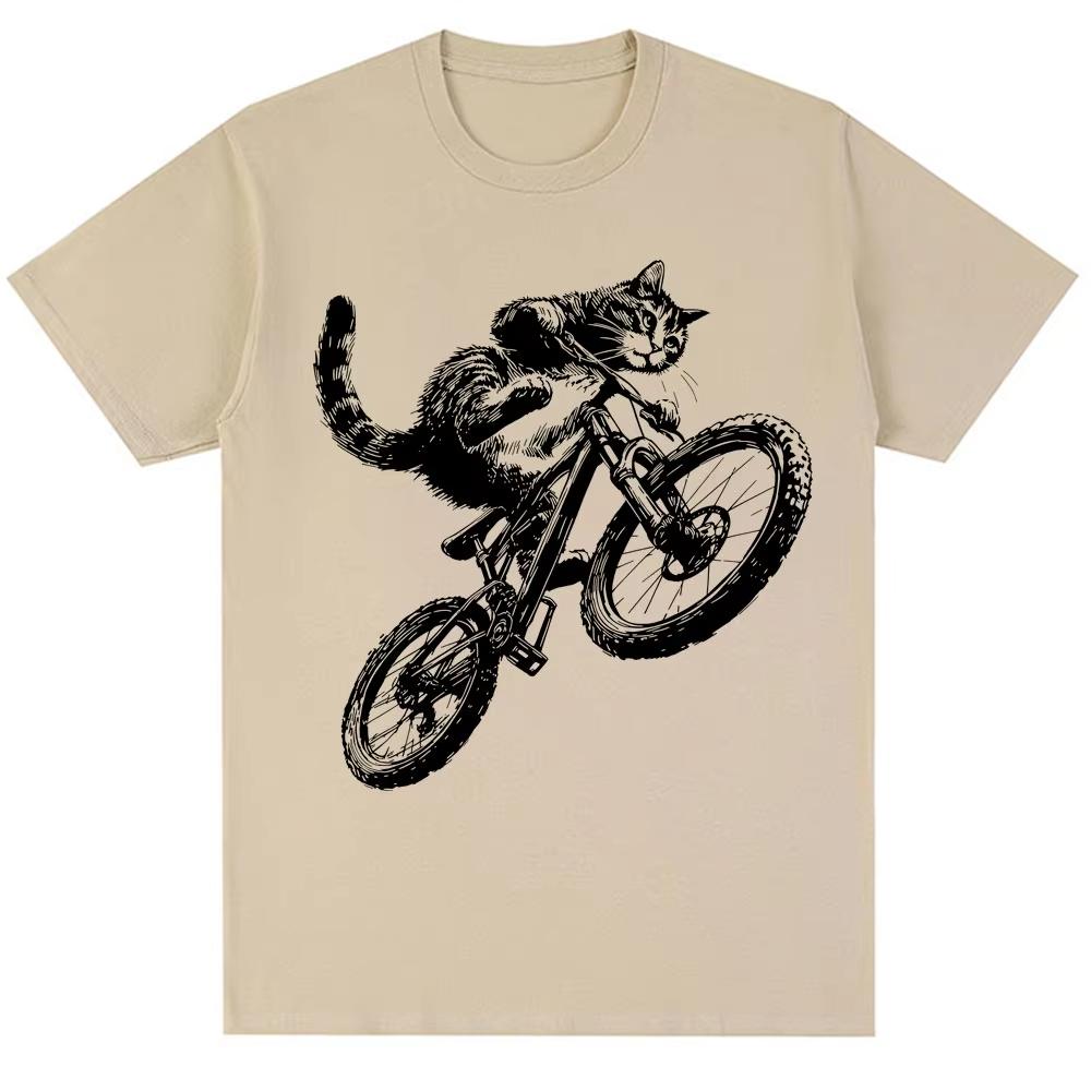 Funny Kitten Cat Riding Bicycle Meme Graphic T-shirts Men Women 90s Vintage T Shirt Oversized Cotton Tee Shirts
