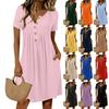 Women's Fashionable Color Round Neck Short Sleeved Button Neck Mid Length Casual Dress