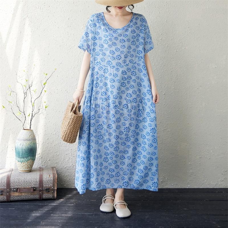 Manica corta Plus size cotone vintage floreale nuovo in abiti da donna casual abito lungo estivo ampio